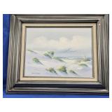 Coastal painting on board. Sand dunes, grass and