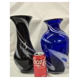 2 Cobalt Blue Glass Vases with white swirls  ,