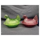 2 vintage hen on nest.   Ruby red and green.