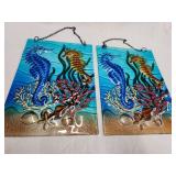Pair of glass hanging plaques.  Textured slump