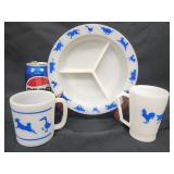 Milkglass child's divided dish and 2 mug.  All