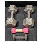 5 Dumbells Two 25 lbs , Two 3 lbs and one 2 lbs