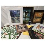 Artwork Lot - 4 Prints , 2 needleworks , round