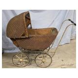 Antique Wicker Stroller , metal spoke wheels ,