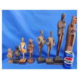 8 vintage hand carved figurines.   Monk 15" H,