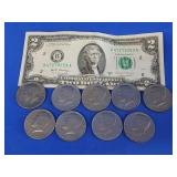 9 Kennedy Half dollars and 2017 A Series 2 dollar
