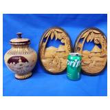 Wood Urn with straw marquetry 8.5" H depicting 3