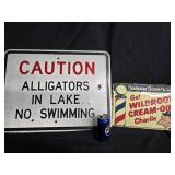 2 Signs - CAUTION Alligators in Lake No Swimming.