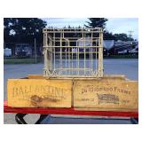 2 wood grape boxes and metal wire milk crate.