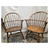2 Sackback Windsor style armchairs one made by S.