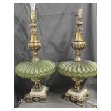 Pair  MCM Satin Green glass lamps with brass and