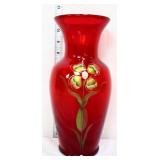 Fenton red 10in Honor Collection vase w/ flower