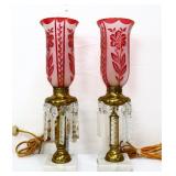 Pair vntg cranberry dresser lamps w prisms see pic
