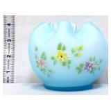Blue satin 5in cased glass rose bowl w/ flowers