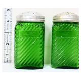 Pair vintage green glass salt/pepper shakers