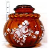 Vntg amber candy jar w/ white roses see pics