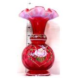 Fenton signed cranberry opal 8in vase w/ flowers