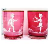 Lot of 2 cranberry Mary Gregory drinking glasses