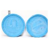 Lot of 2 Fenton blue satin slag Christmas plates