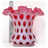 Fenton cranberry opalescent reverse coin dot vase