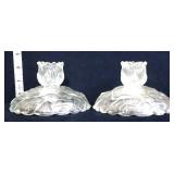 Pair Fenton clear satin water lily candleholders