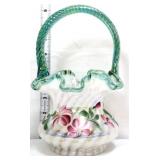 Fenton signed opalescent basket, green handle