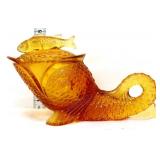 Vntg amber glass koi fish cornucopia candy dish