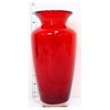 Red 10in glass vase w/ clear bottom