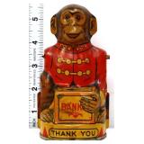 Vntg tin litho J Chein 5in monkey coin bank