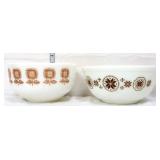 Lot of 2 milk glass mixing bowls w/ brown patterns