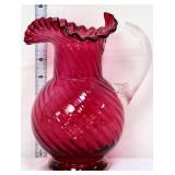 Cranberry glass 8in pitcher w/ clear handle