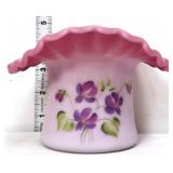 Fenton blue burmese 5in hat vase w/ violets