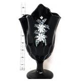 Fenton black 9in handkerchief vase w white flower