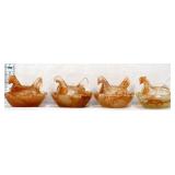 Lot of 4 miniature amber/white marble hens on nest