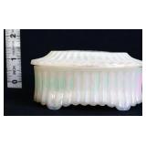 Fenton white iridescent oval trinket box w flowers