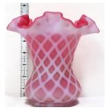 Fenton cranberry satin opalescentt lattice vase