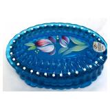 Fenton blue oval ring box w/ floral lid