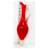 Vntg 13.5in red glass ewer w/ clear handle