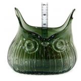 Dark green art glass owl face bowl