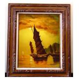 Framed 24x28 oil on canvas ship scene art NO SHIP