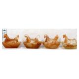 Lot of 4 miniature amber/white marble hens on nest