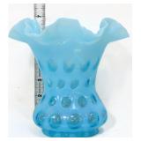 Fenton 7in blue opalescent coin dot vase