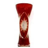 Vntg 11in red bohemian cut to clear vase