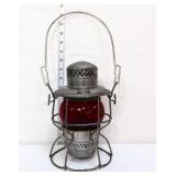 Vntg metal railroad lantern w/ red globe
