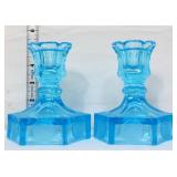Pair Fostoria aqua blue coin glass candleholders