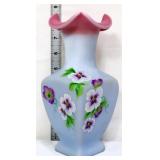 Fenton blue burmese 8in vase w/ flowers