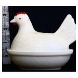 Vintage milk glass hen on nest w/ red comb