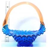 Fenton blue hobnail basket w/ amber handle