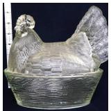Clear satin glass hen on nest