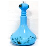 Vntg 10in opaline blue milk glass decanter